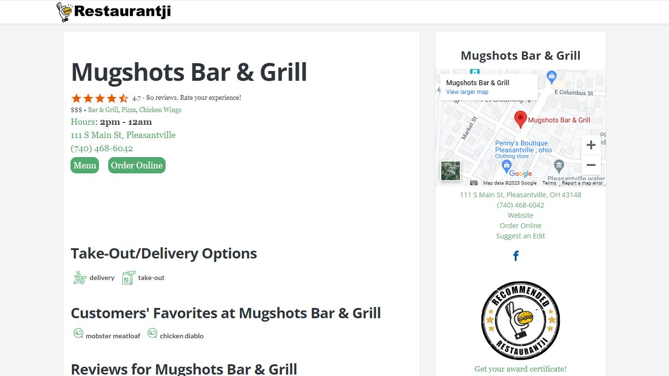 Mugshots Bar & Grill Pleasantville, OH 43148 - Restaurantji